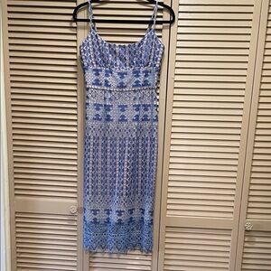 BCBGMaxAzria Blue and White Geometric Midi Dress